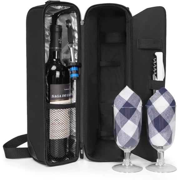 Insulated Wine Cooler Bag with Wine Glasses, Opener & Accessories - Portable Gift Bag for Travel, Picnics (Black)