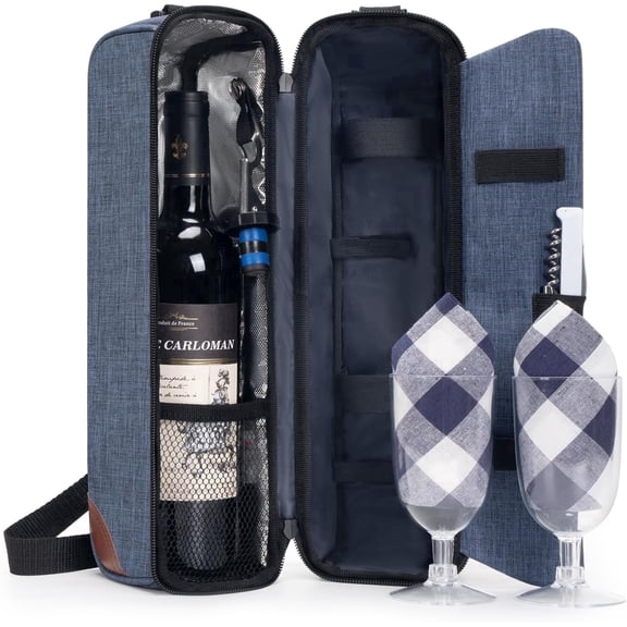BRONZY Insulated Wine Cooler Bag with Wine Glasses, Opener & Accessories - Portable Gift Bag for Travel, Picnics (Blue)