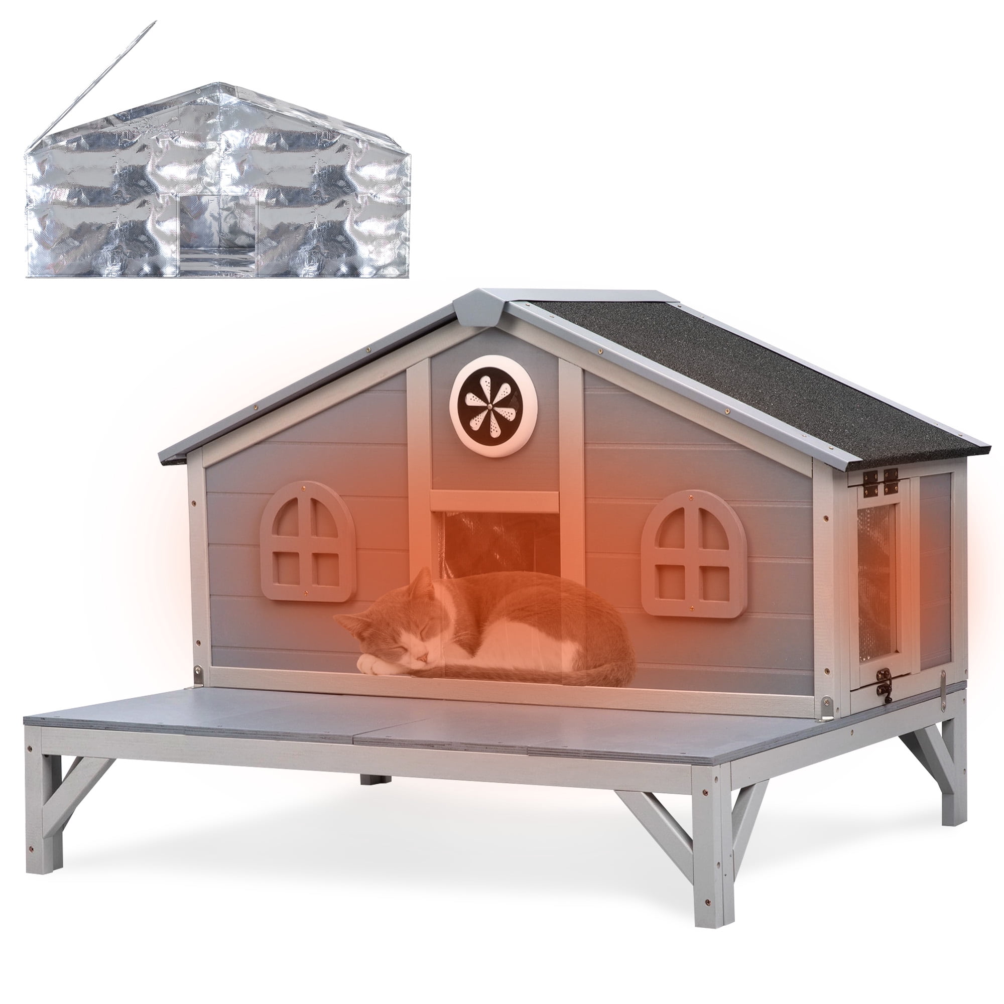 Insulated Wooden Cat House, Indoor Outdoor Cat Enclosure with Large Play Run Waterproof Roof, Fringe Curtain and Doors, Gray
