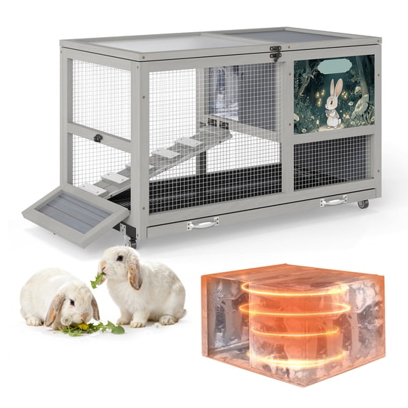 Insulated Wooden Rabbit Cage with Aluminum Foil Warm Layer, Weatherproof Bunny Hutch with Wheels