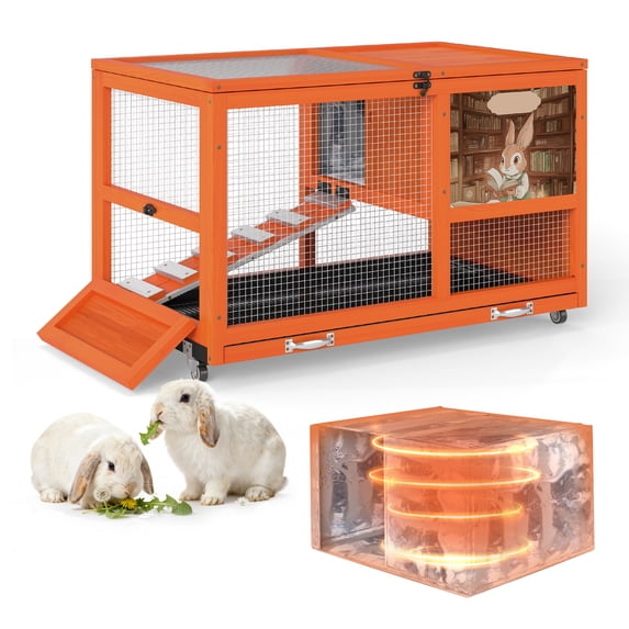 Insulated Wooden Rabbit Cage with Aluminum Foil Warm Layer, Weatherproof Bunny Hutch with Wheels