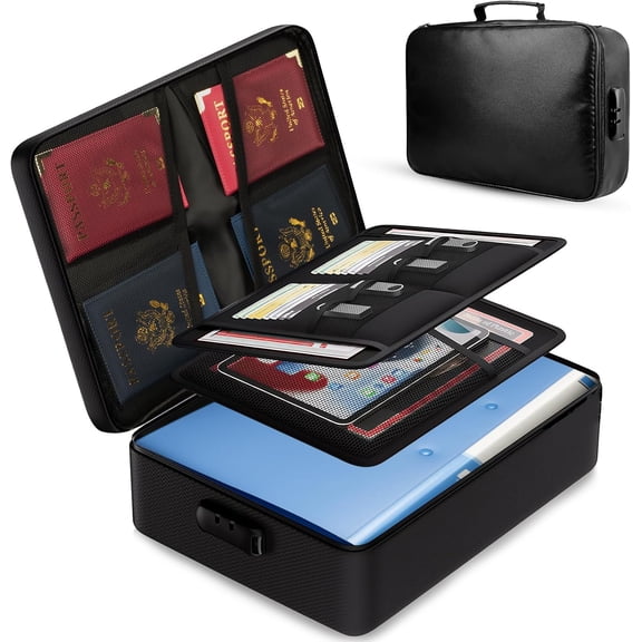 Insulated file organizer, locked file organizer, home travel fireproof safe, portable important document certificate laptop passport storage safe, black.