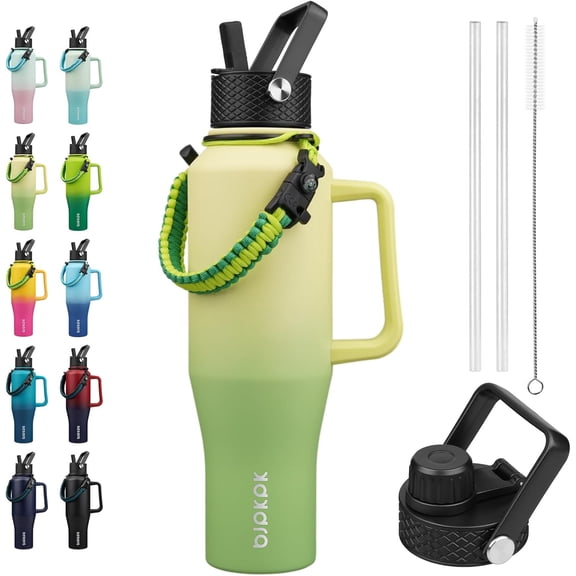 Insulated water bottle with straw lid, 40-ounce metal water bottle with 2 lids and paracord, double-layer stainless steel with handle cup, reusable cup, mug, insulated cup, fresh green