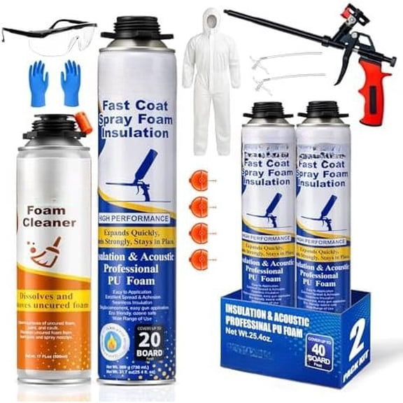Insulation Kit 40 Board ft/Sq.ft, Closed Wide Polyurethane DIY for Walls, Ceilings, Attics and Garage Doors (2 Packx25.4oz) -Thermal & Soundproofing, Included & Cleaner