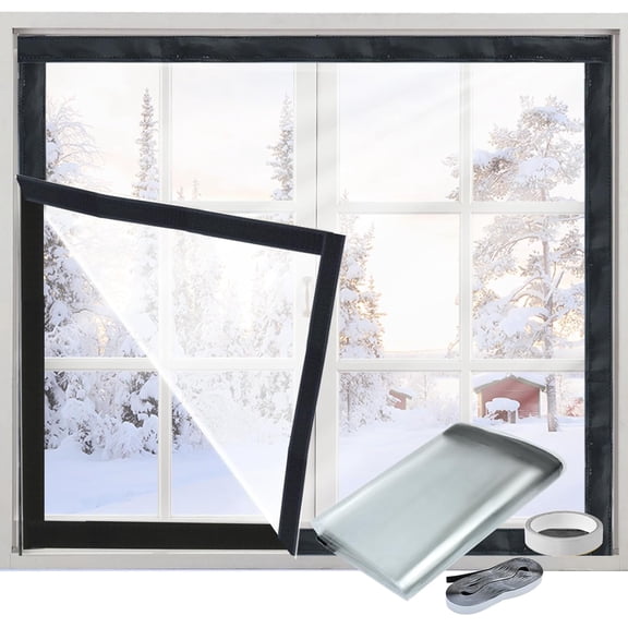 Insulation Kit for Winter Heavy Duty Plastic Window Cover Sealer Reusable Clear Thick Insulation Wrap Transparent Film with Strong Adhesive Tape and Hook and Loop Tape for Winterizing 63''x63''