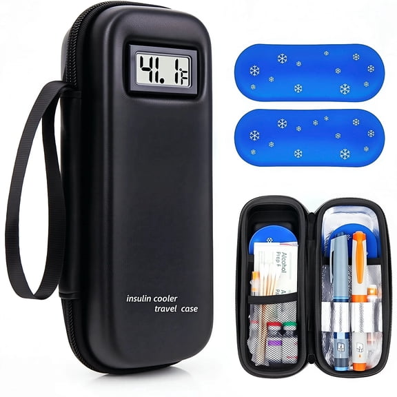 Insulin Cooler Travel Case with Temperature Display - Refrigerated Medicine Cooling Bag with 2 TSA Approved Ice Pack, Medication Pen Diabetic Supplies Organizer for Trip and Daily