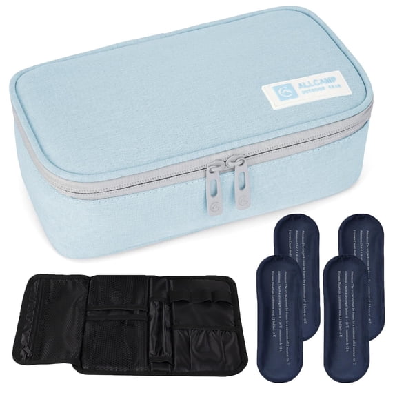 Insulin Cooler Travel Case, Large Tsa Approved Medication Organizer Bag, 4 Ice Packs, Light Blue, 9”x4.7”x3.14”