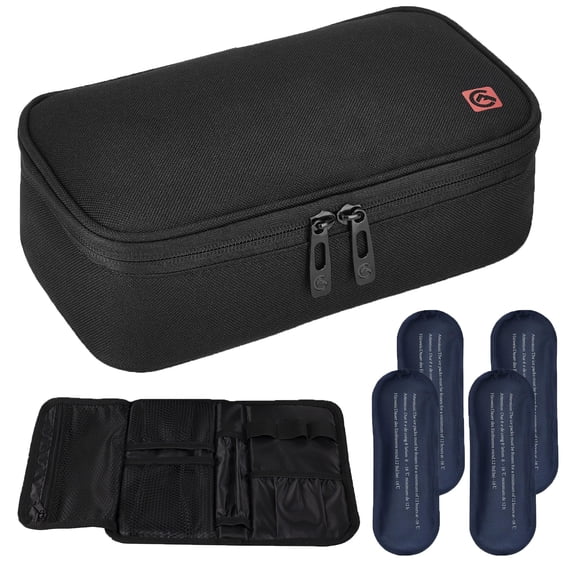 Insulin Cooler Travel Case, Large Tsa Approved Medication Organizer Bag, 4 Ice Packs, Black, 9”x4.7”x3.14”
