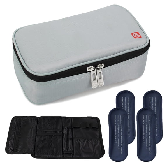 Insulin Cooler Travel Case, Large Tsa Approved Medication Organizer Bag, 4 Ice Packs, Light Gray, 9”x4.7”x3.14”