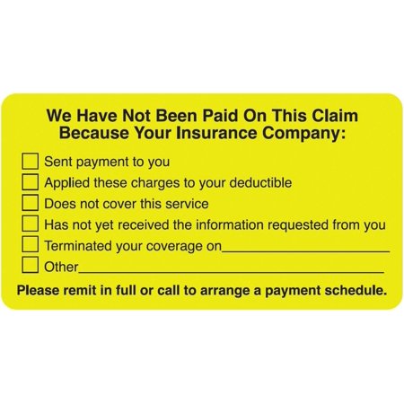 Insurance Claim Unpaid Reason Label, 3-1/4” x 1-3/4”, Fluorescent Chartreuse, , Checklist Patient Notification, Permanent Adhesive, 250 Stickers/Box