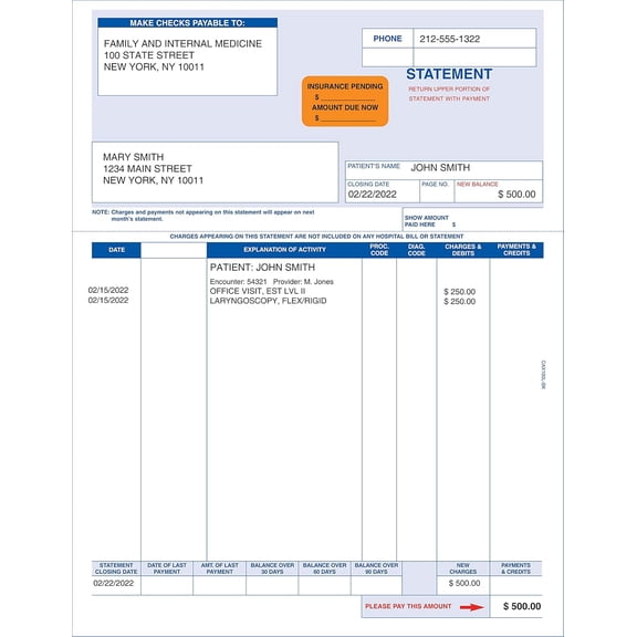 Insurance Pending Amount Due Now Label, Fluorescent Orange, 1-1/2” x 7/8”, , Dual Balance Notice, Permanent Adhesive, 250 Stickers/Box