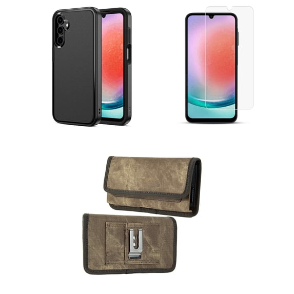 Intact Series Phone Case for Samsung Galaxy A15 5G with Dual Layer Ultra-Slim Shockproof Armor Protector Cover, Screen Protector, Horizontal Nylon Wallet Belt Holster Clip Pouch (Black)