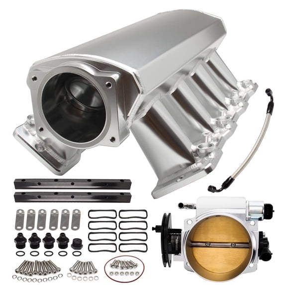 Intake Manifold with Fuel rail fit and Throttle Body 92mm Throttle Body Sheet Metal Fabricated EFI 15° Throttle Opening Compatible with Chevrolet Chevy GMC Pontiac LS LS1 LS2 LS6 (Silver)