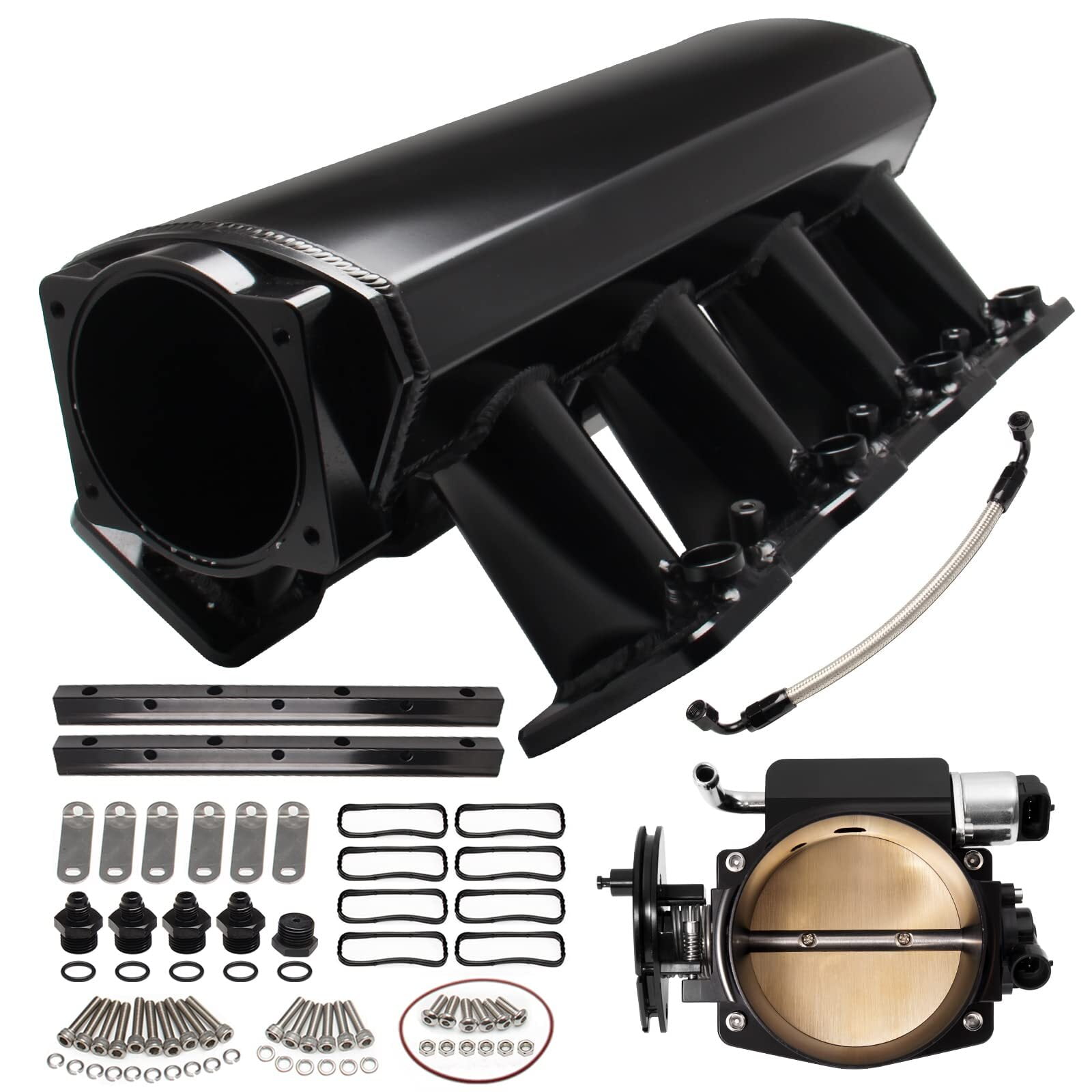 Intake Manifold with Fuel rail fit and Throttle Body 92mm Throttle Body Sheet Metal Fabricated EFI 15° Throttle Opening Compatible with Chevrolet Chevy GMC Pontiac LS LS1 LS2 LS6 (Black)