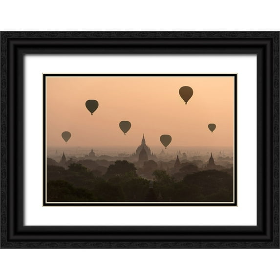 Intarob, Sarawut 14x11 Black Ornate Wood Framed with Double Matting Museum Art Print Titled - Bagan, balloons flying over ancient temples