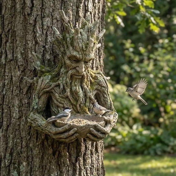 Integrated Bird Feeding Sculpture,The Quiet Offering A Tree- Tree Faces Decor Outdoor Millennial Ancient Tree Bird Feeder with Hidden Keyhole Hanger Whimsical Art Décor Garden Accessory