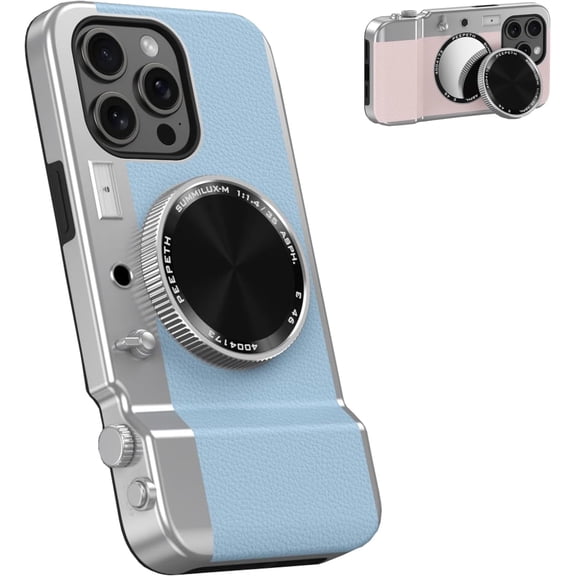 Integrated Camera Phone Case for iPhone 15 Pro Max, Cute 3D Cartoon Retro Bluetooth Camera Phone Case with Mirror Hard PC Back Cover + Soft TPU Protector Compatible with Magsafe Black