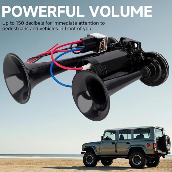 Integrated Dual Tube Train Horn with Air Compressor — 12v/24v Black Air Horn Kit for Truck, Car, Vehicle, and Boat, Easy Install Compatible System