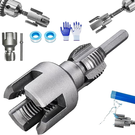 Integrated Internal & External Pipe Threading Tool, 1/2" & 3/4" Dies, Electric Drill Compatible PVC Pipe Threader Kit for Home Repair