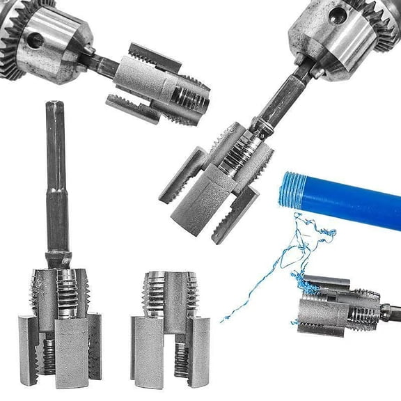 Integrated Internal & External Pipe Threading Tool, 2025 New Pipe Thread Cutting Tool, PVC Thread Maker Tool for Electric Drill, 1/2" (DN15) 3/4" (DN20) Pipe Sizes Rethreading Tool (Silver-2, 1/2")