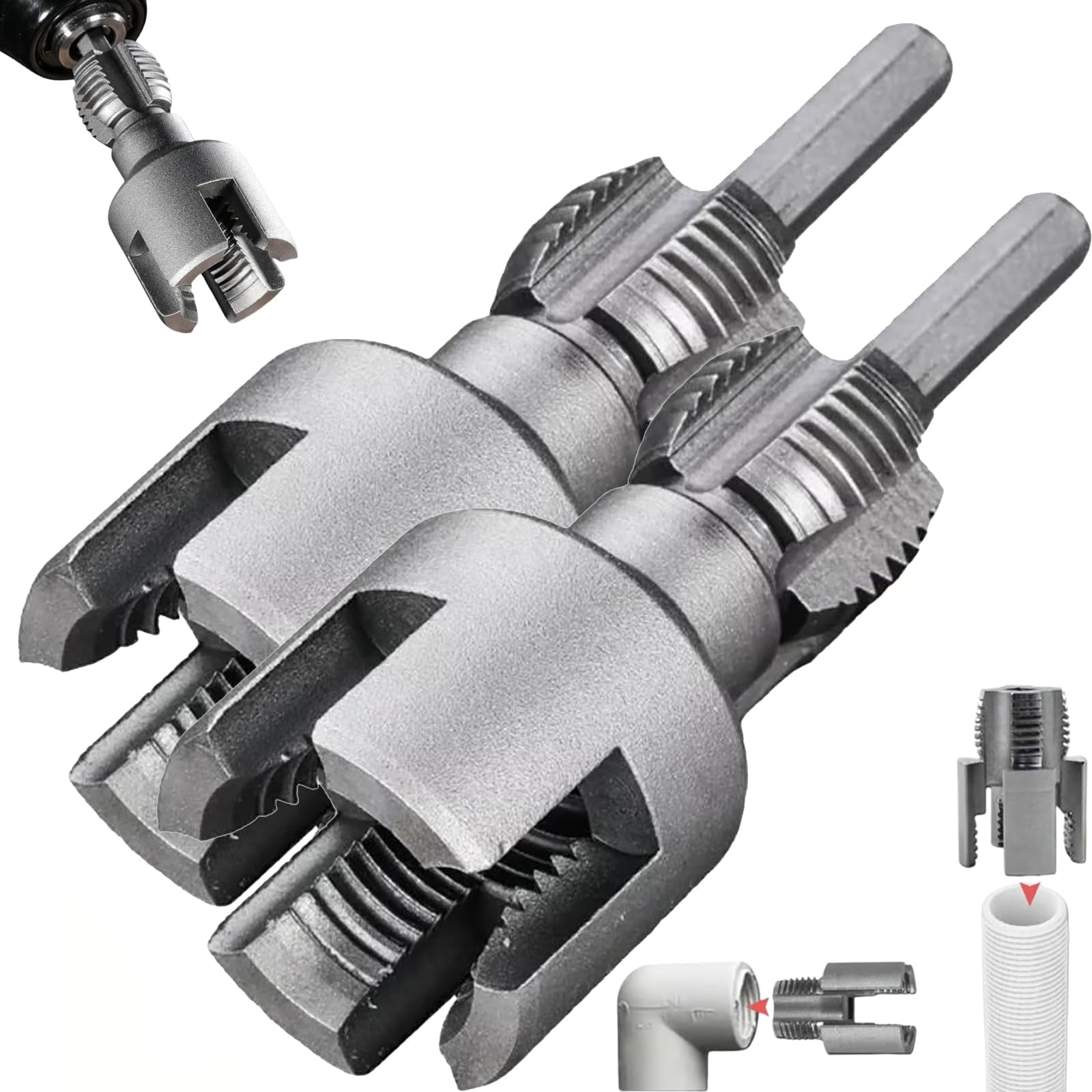 Integrated Internal & External Pipe Threading Tool, Electric Drill Compatible Pvc Threader Kit, Pvc Thread Maker for Electric Drill, Rethreading Tool for Water Pipes (1/2" + 3/4" Set)