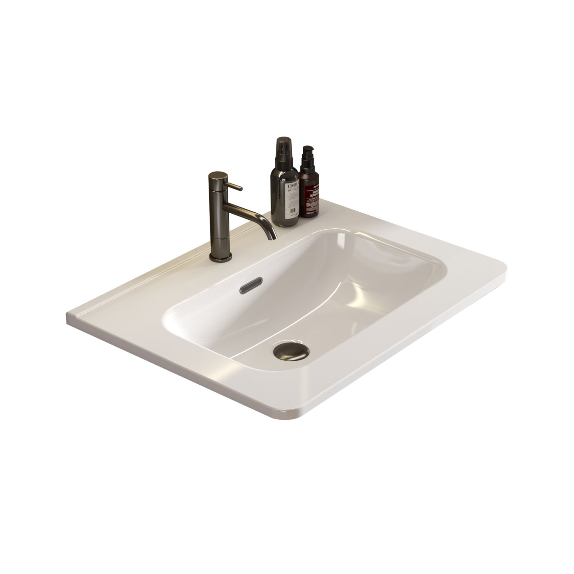 Integrated White Ceramic Bathroom Sink with Glossy Non-Porous Surface, Universal Vanity or Wall-Mount Installation, Easy-Clean Design, Space-Saving Basin, Drain and Faucet Excluded