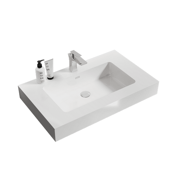 Integrated solid surface basin WITHOUT drain and faucet, glossy white color