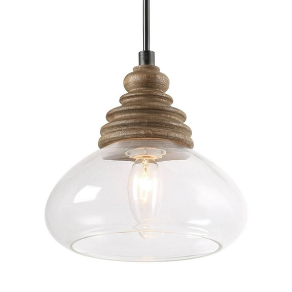 LNC Distressed Gray Wood and Black Dome LED Mini Pendant with Clear Glass