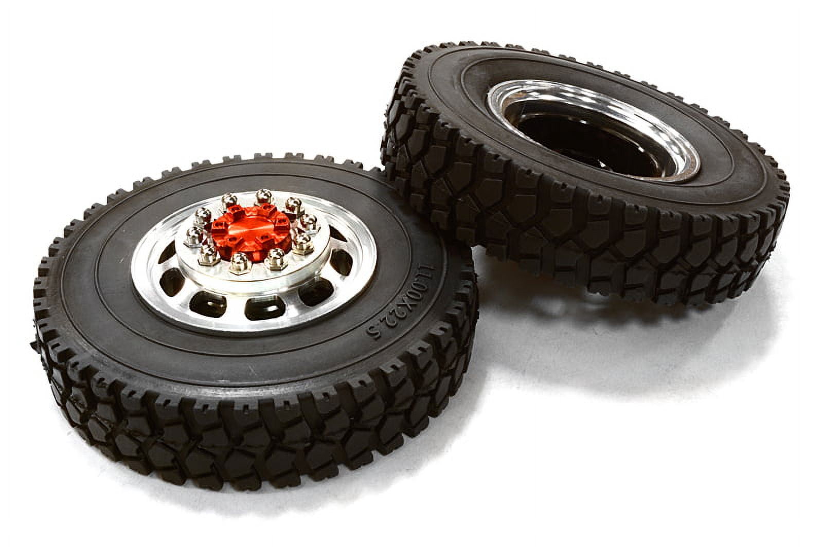 Integy RC Toy Model Hop-ups C26575RED Machined Alloy T5 Front Wheel & XD  Tire Set for Hex Type 1/14 Scale Trucks