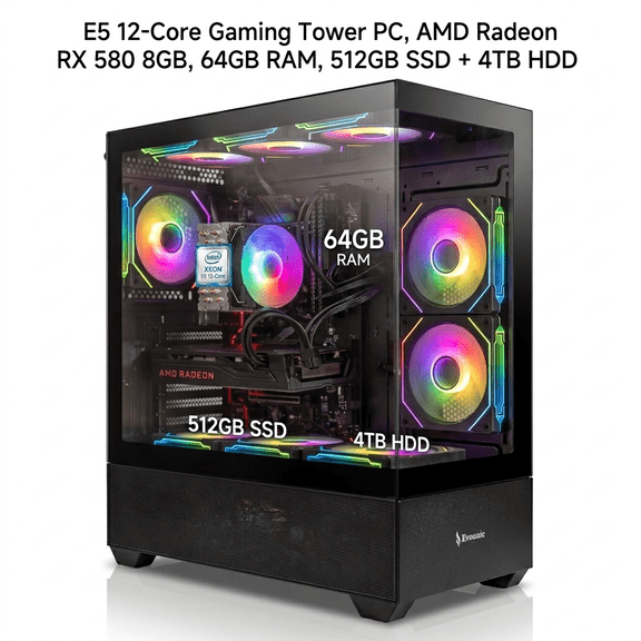Intel Xeon E5 12-Core Gaming Tower PC, AMD Radeon RX 580 8GB, 64GB RAM, 512GB SSD + 4TB HDD, WiFi 6, Bluetooth 5.4, 650W Power Supply, Windows 11 Pro, RGB Keyboard & Mouse Included
