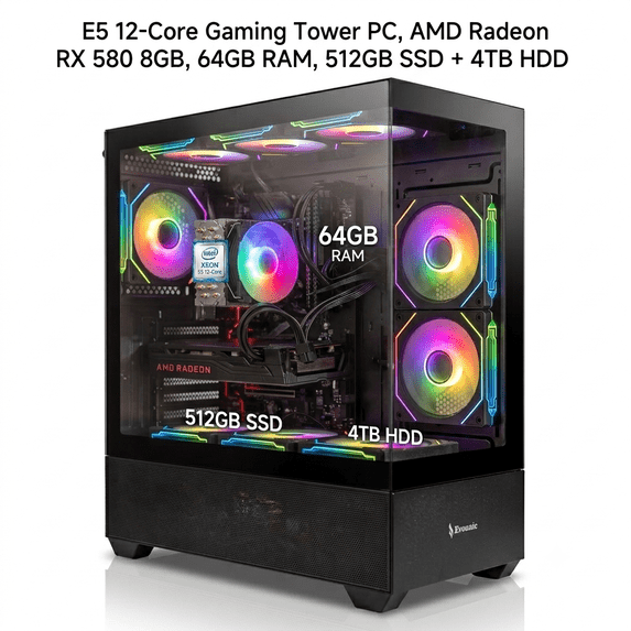 Intel Xeon E5 12-Core Gaming Tower PC, AMD Radeon RX 580 8GB, 64GB RAM, 512GB SSD + 4TB HDD, WiFi 6, Bluetooth 5.4, 650W Power Supply, Windows 11 Pro, RGB Keyboard & Mouse Included
