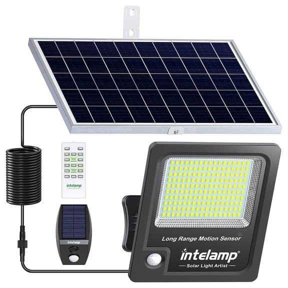 intelamp 12000mAh 3000LM Solar Flood Light Waterproof Outdoor Light with Montion Sensor, LED Security Street Light with 16.4ft Cabe and Remote Control for Backyards Garages Trees-Black
