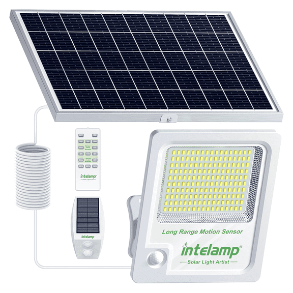 intelamp Solar Flood Light IP65 Waterproof Outdoor Light with Montion Sensor, LED Security Street Light with 16.4ft Cabe and Remote Control for Backyards Garages Trees-White