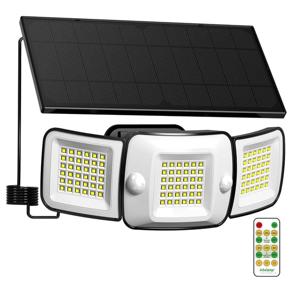 intelamp Solar Flood Light 6000mAh 1500LM Waterproof Motion Light with 108 LED Beads and 9.8ft Cable for Outdoors, 3-Head Safety Remote Light with 270° Wide-Angle for Courtyard Garage Fence - White