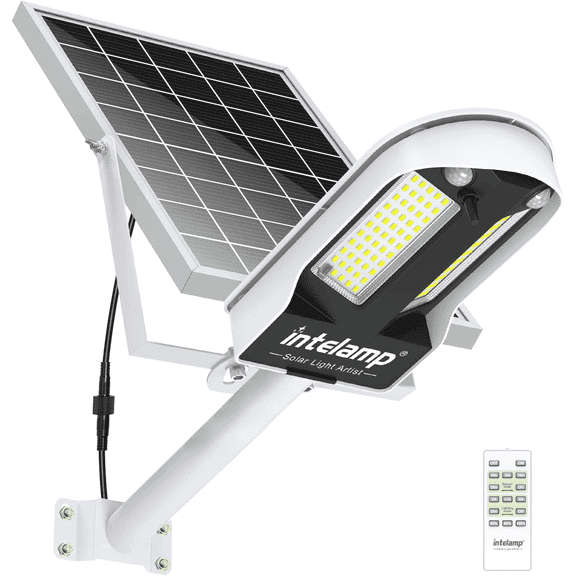 intelamp Solar Security Flood Light 3000LM 12500mAh Outdoor Dual Motion Sensor Light IP65 Waterproof Light with Remote Control for Garden Tree Garage-White