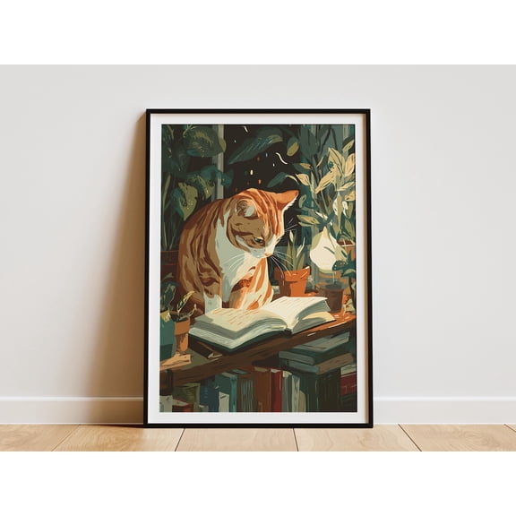 Intellectual Cat Reading a Book at Night Cozy Home Decor Wall Art Feline Study Room Unique Pet Lover Idea, Unframed Poster
