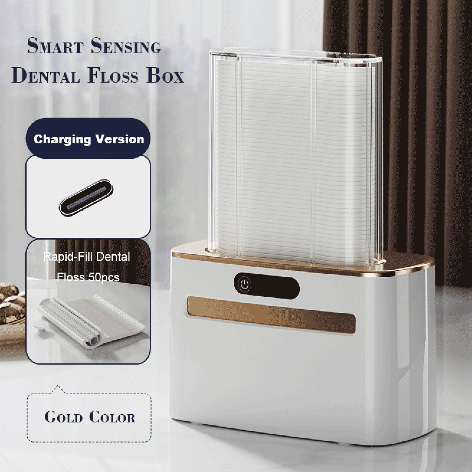 Intelligent Automatic Floss Dispenser Box | Sensor Floss Stick Storage for Home Restaurant Hotel | Battery or Rechargeable Type-C | ABS PC Material | 100 Floss Included | Compact 13x11.5x9cm