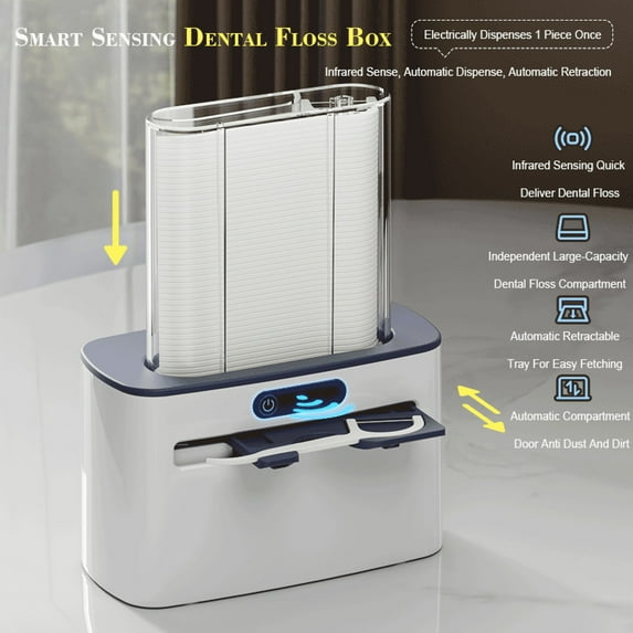 Intelligent Automatic Floss Dispenser Box | Sensor Floss Stick Storage for Home Restaurant Hotel | Battery or Rechargeable Type-C | ABS PC Material | 100 Floss Included | Compact 13x11.5x9cm
