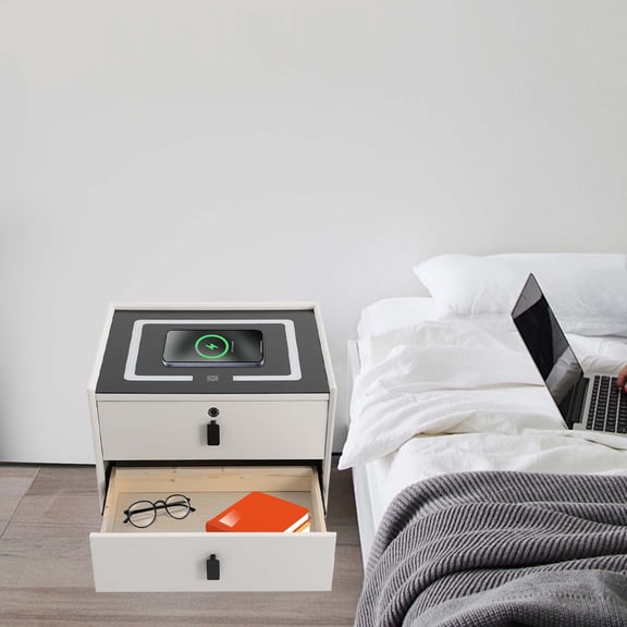 Intelligent Bedside Table Smart Nightstand Furniture Bluetooth Speaker Smart End Table Charging with Light USB and 2 Drawer Multifunctional Locker Fingerprint Lock (White)