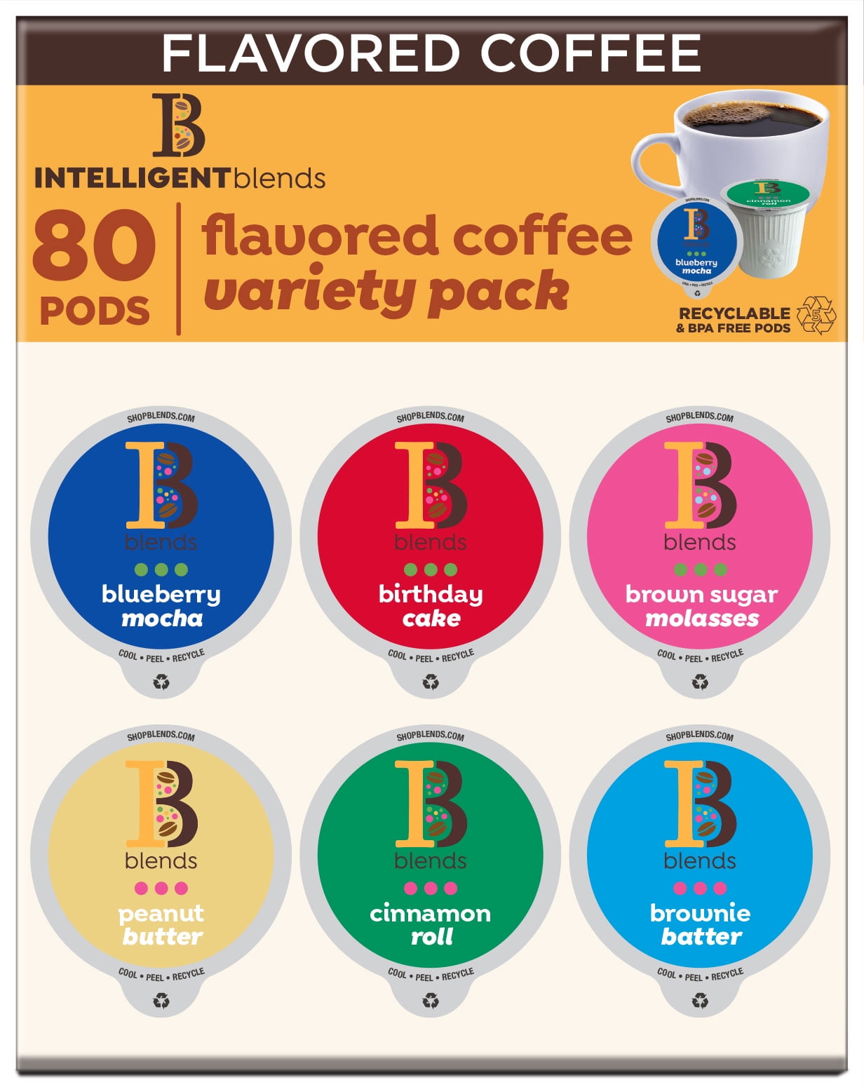 Intelligent Blends Flavored Coffee Pods Variety Pack, Compatible w/ K-Cup Brewers, 80ct