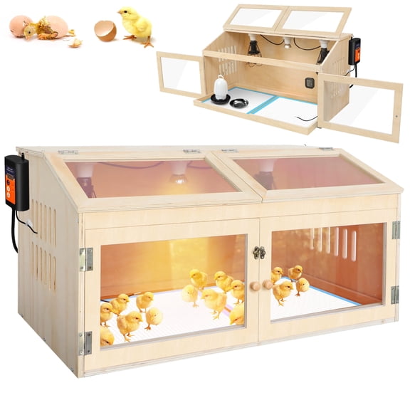 Intelligent Chick Brooder Box  32" Wide Wooden Box, Digital Thermostat, Heating Lamps, Sliding Drawers & Door Handle for Chicks, Ducks, Hamsters  Indoor & Outdoor