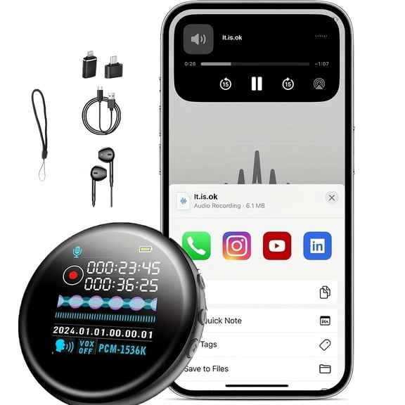 Intelligent Circular HD Recording Device - MP3 Recorder with Extended Battery Life, USB-C Compatibility, And High-Definition Noise Reduction Audio