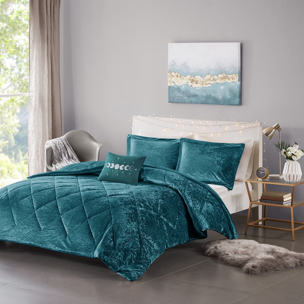 Teal Crushed Velvet Quilted King/Cal King Duvet Set with Decorative Pillow