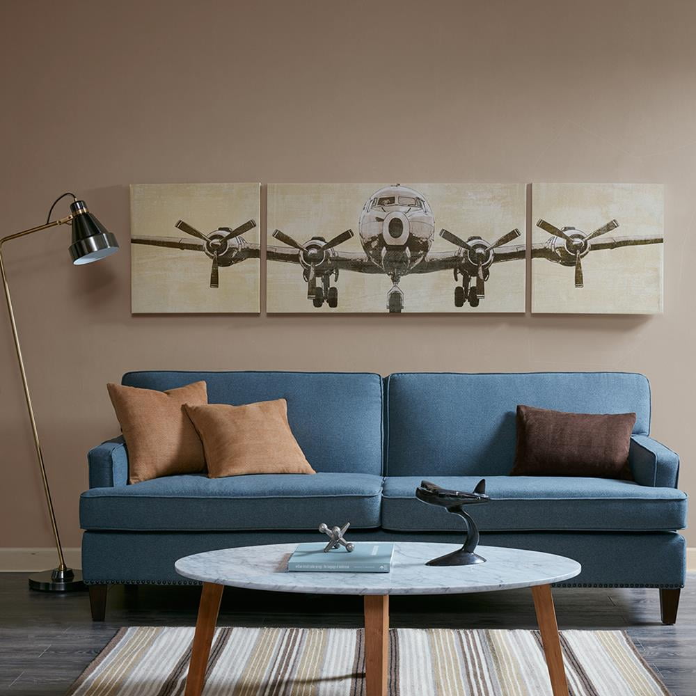 Vintage Airplane Triptych Canvas Art Set in Beige and Gray