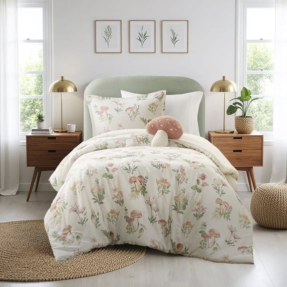 Intelligent Design 3 Piece Twin/Twin XL Size Mushroom Garden Printed Bedding Set, Green Floral Comforter Set