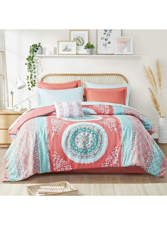 Intelligent Design 7-Piece Twin XL Comforter Sets with Sheet Bed in a Bag Coral Medallion Print Bedding Sets