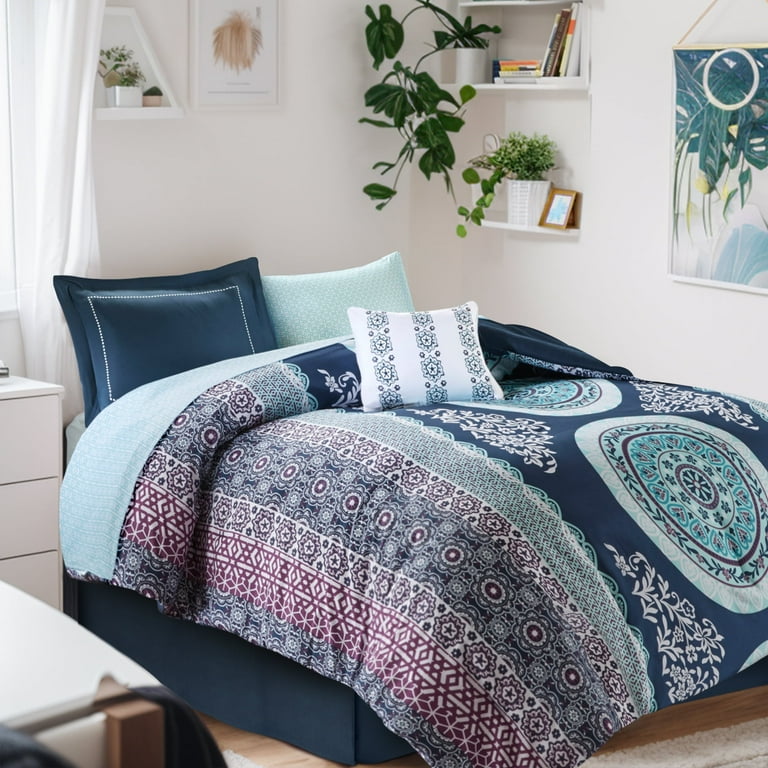 Intelligent Design Twin XL Size Comforter Set 7 Piece Bed in a Bag Twin XL Navy Bedding Sets with Sheets Bed Skirt