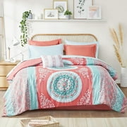 Intelligent Design 9-Piece Full Comforter Sets with Sheet Bed in a Bag Coral Medallion Print Bedding Sets