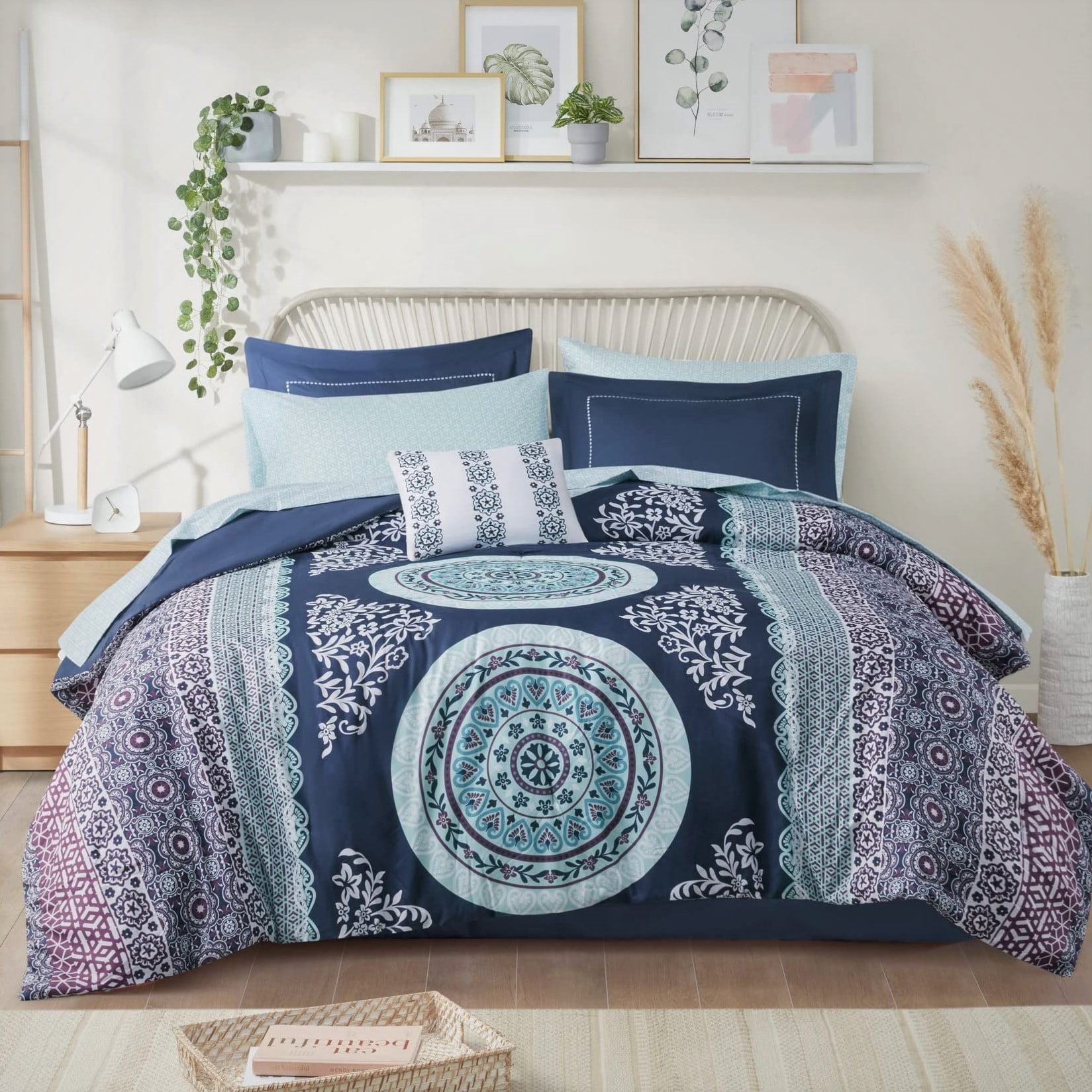 Navy Blue Boho Medallion Microfiber Full Bed in a Bag Set