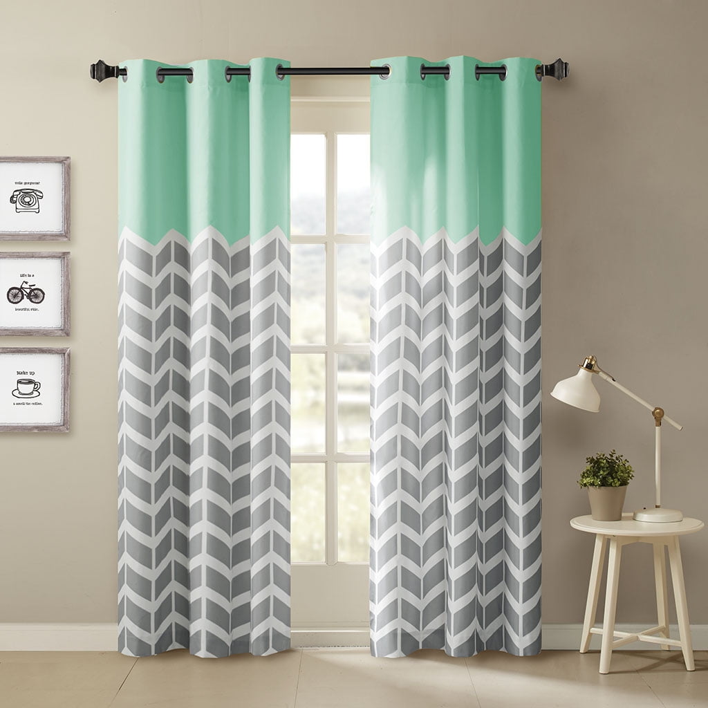 Aqua and Gray Chevron Room Darkening Polyester Grommet Curtains, 42" x 84"